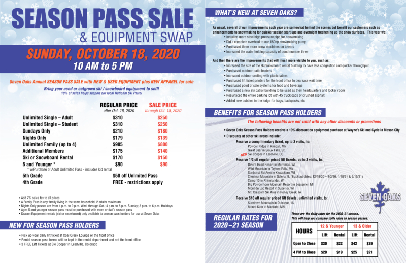 Season Pass for skiing, snowboarding, snow tubing. Seven Oaks Rec