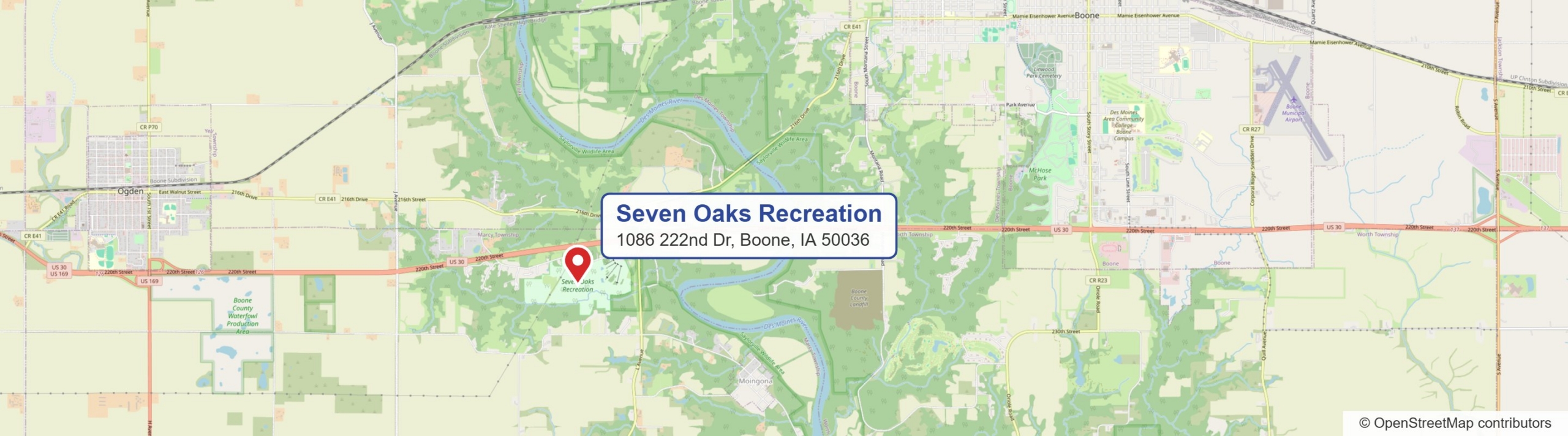 Map showing Seven Oaks Recreation at 1086 222nd Dr, southwest of Boone, Iowa